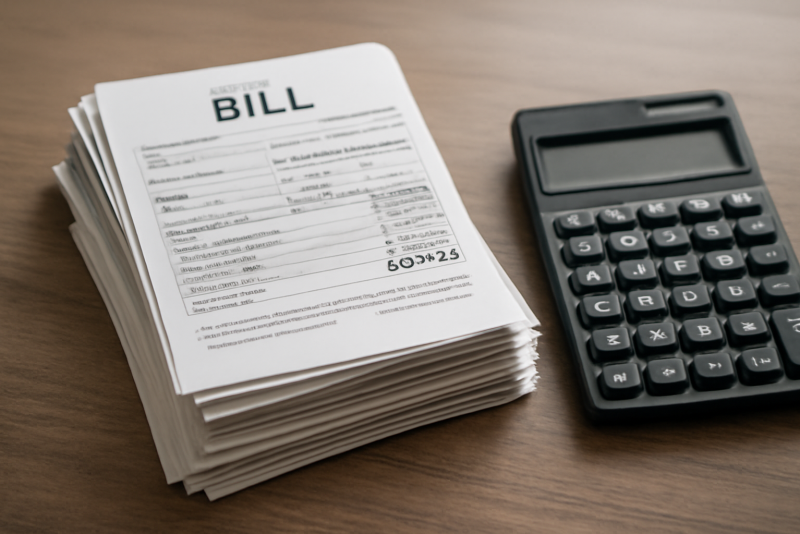 factures empilées à côté d'une calculatrice