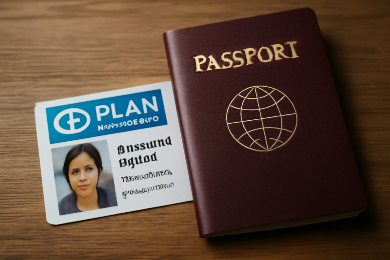 plan international pose sur bureau et passeport