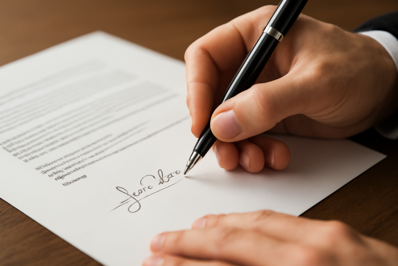 mains signant un document avec stylo