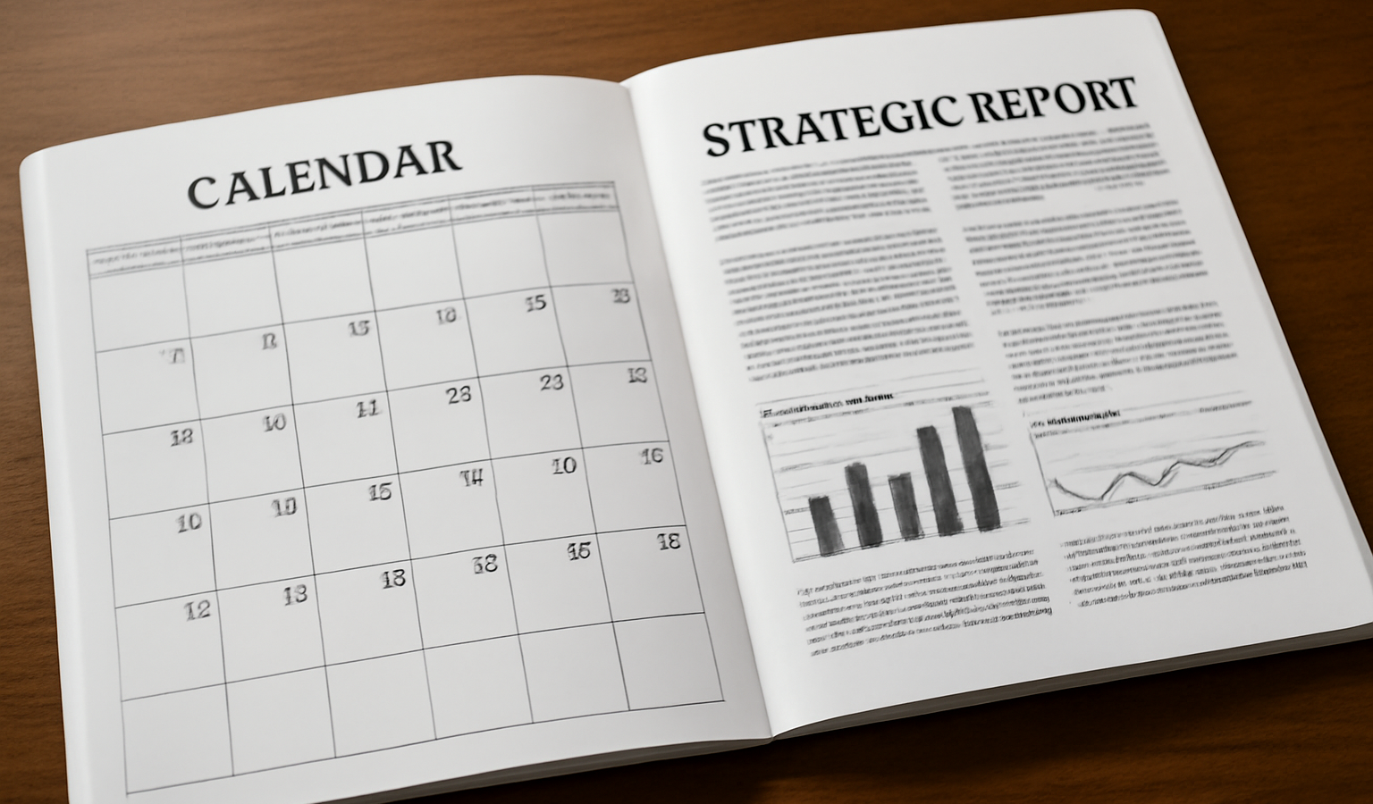 calendrier et rapport stratégique ouverts sur table