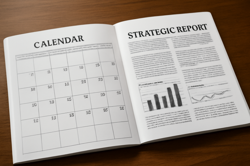 calendrier et rapport stratégique ouverts sur table