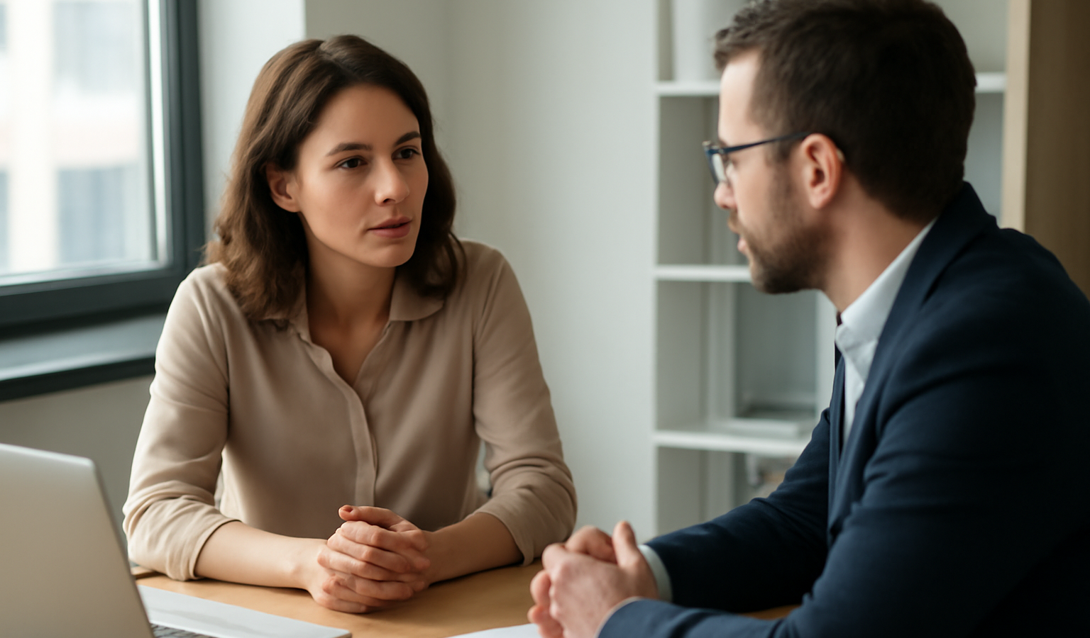 deux personnes discutant face a face au bureau