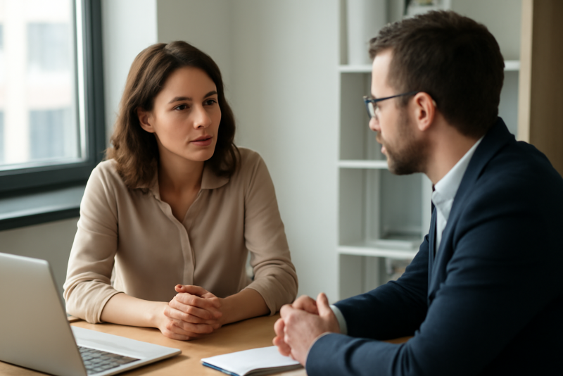 deux personnes discutant face a face au bureau