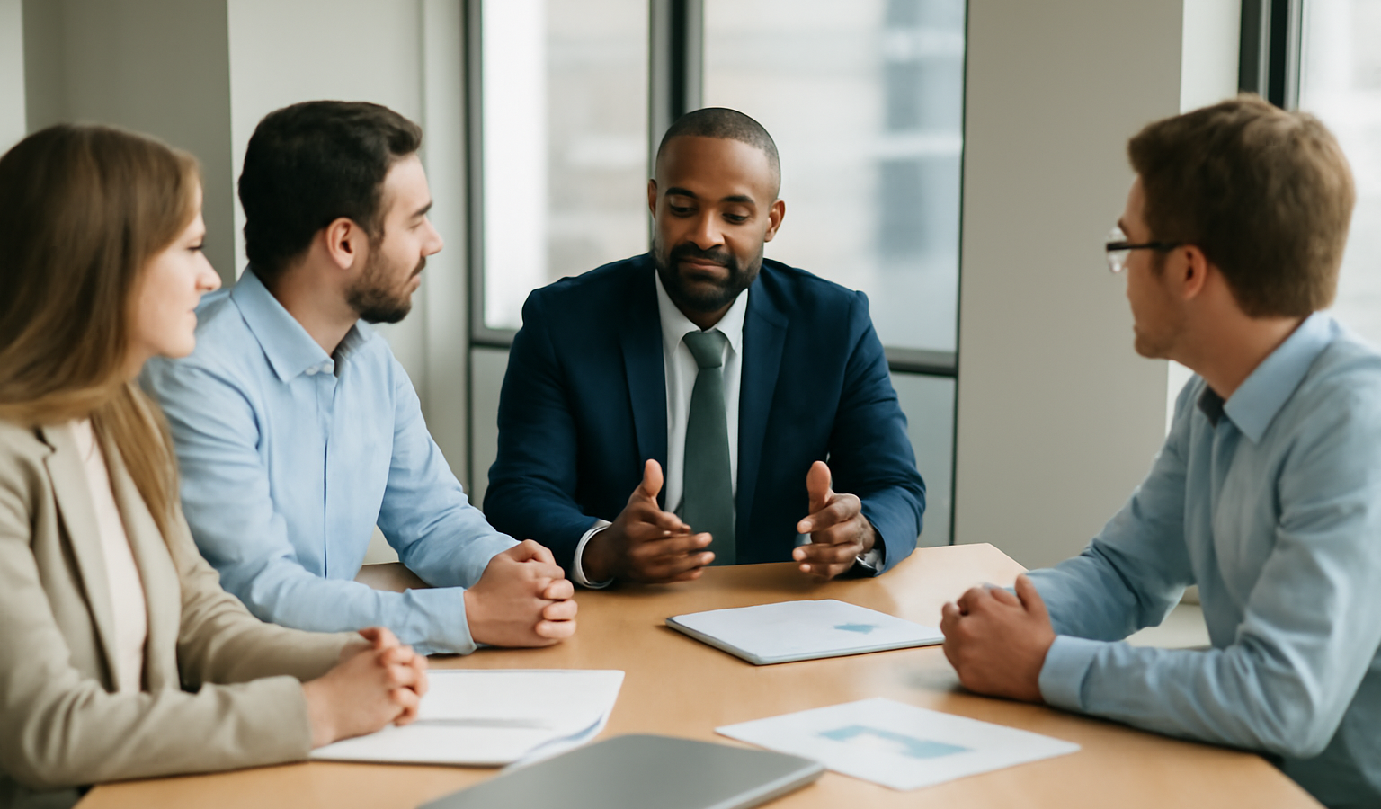dirigeant discutant avec equipe autour table