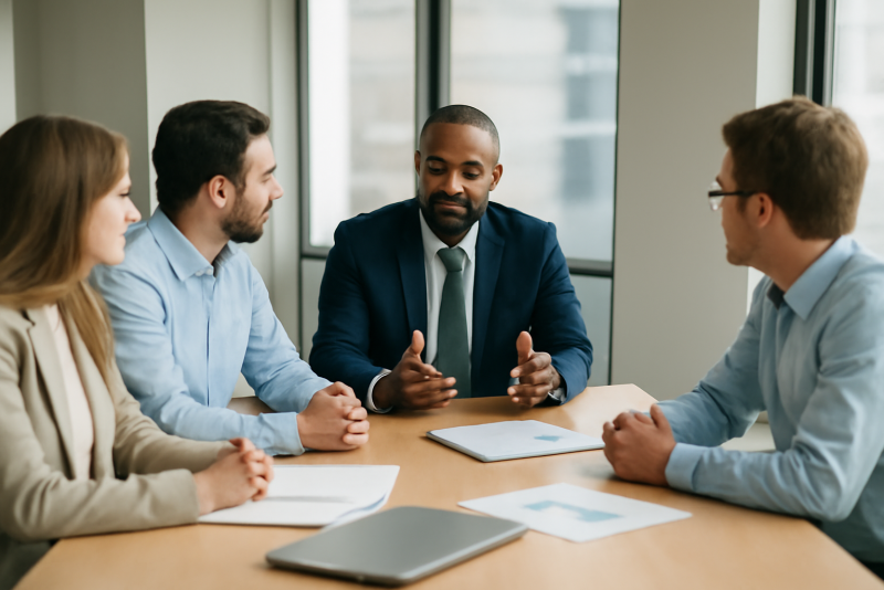 dirigeant discutant avec equipe autour table