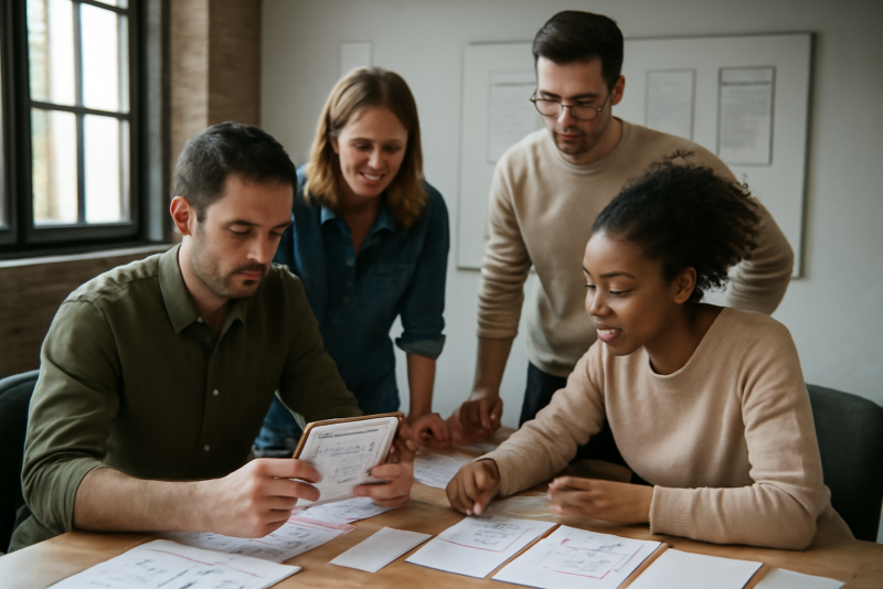 prototype papier et equipe testant idee en atelier