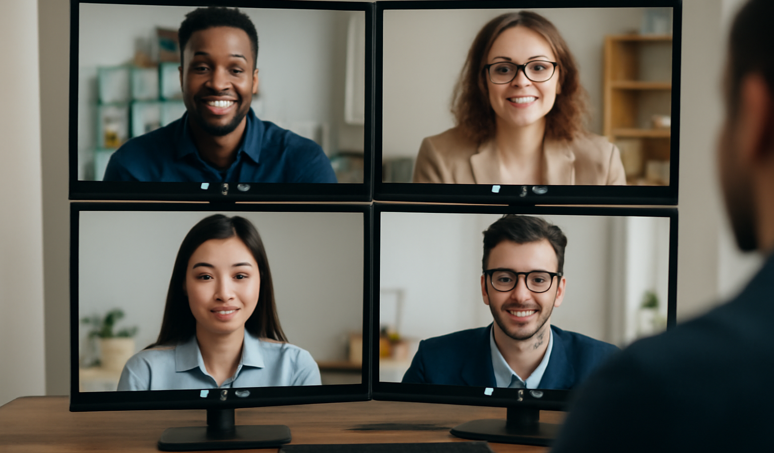 collaborateurs en visio sur plusieurs ecrans