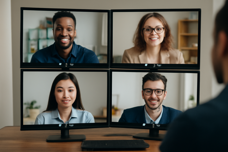 collaborateurs en visio sur plusieurs ecrans