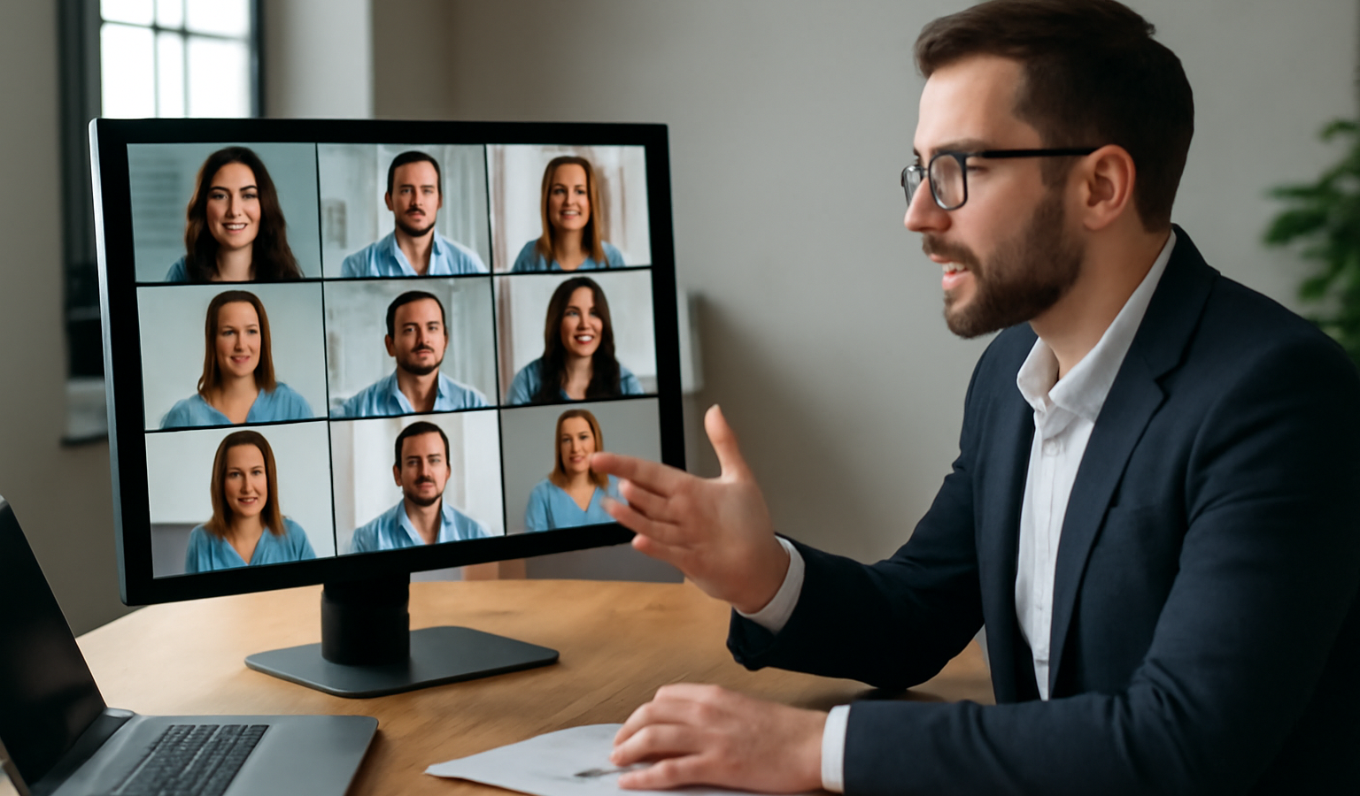 manager dirige réunion virtuelle sur écran
