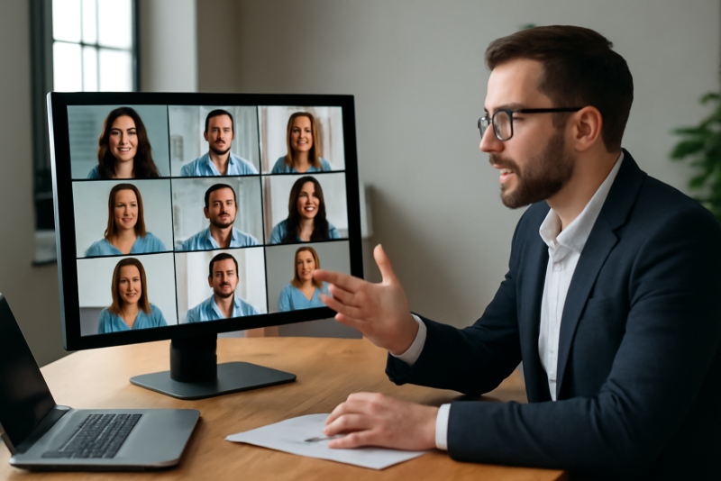 manager dirige réunion virtuelle sur écran