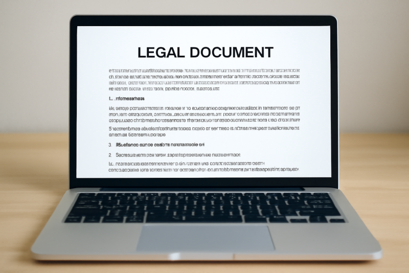 ordinateur avec page de texte legal visible