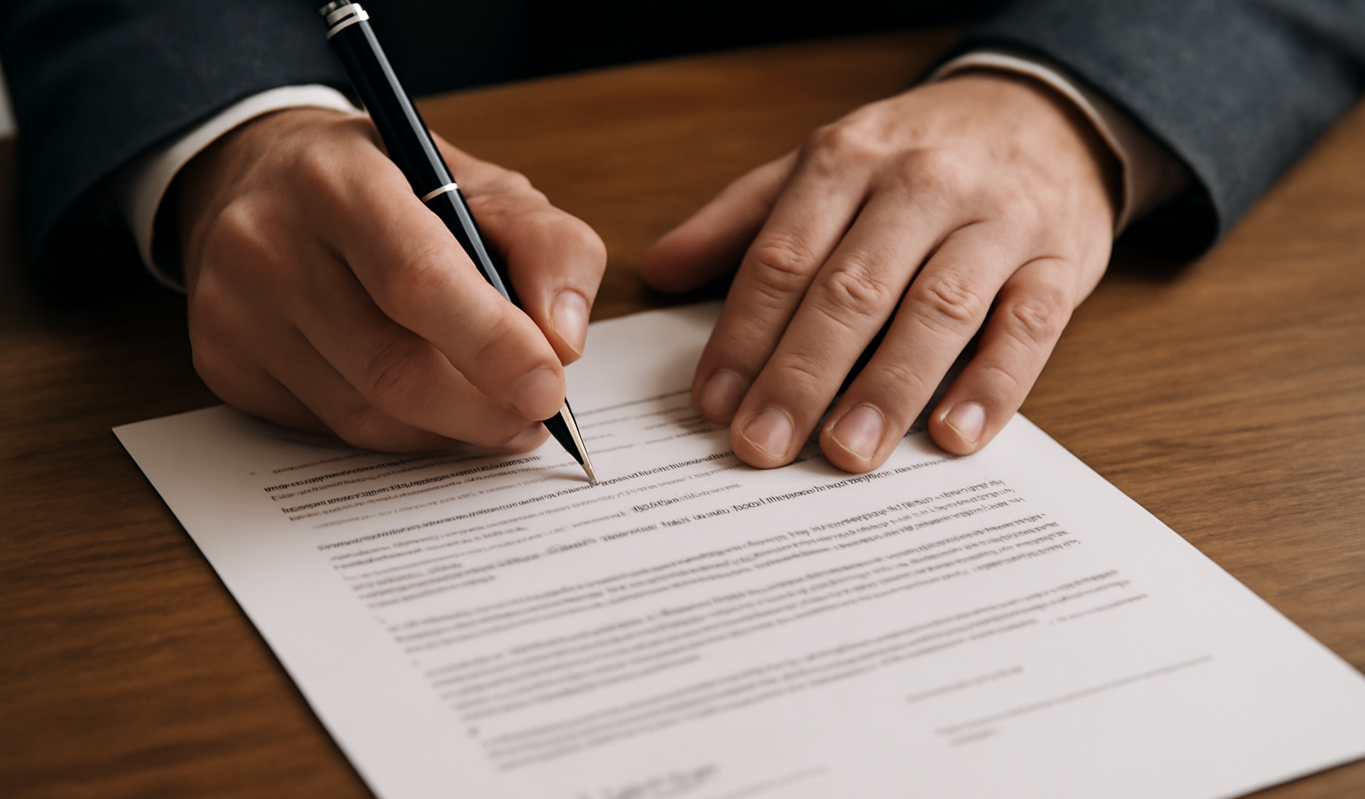 mains signant un document juridique sur table