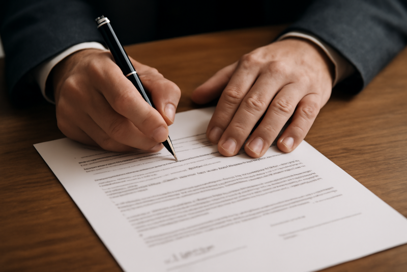 mains signant un document juridique sur table