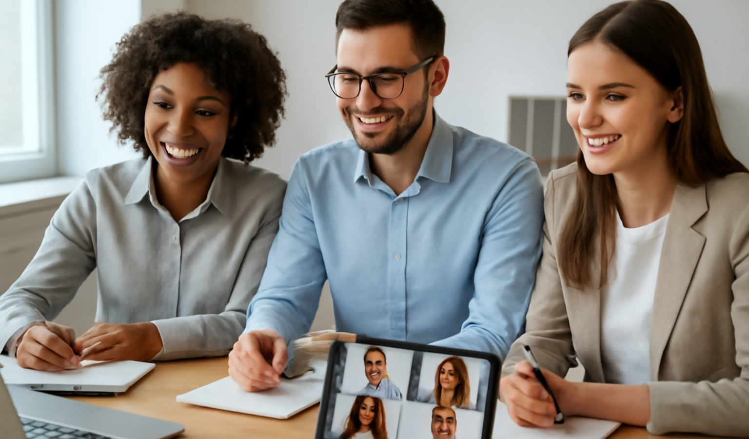 collaborateurs en visioconference souriant et prenant notes