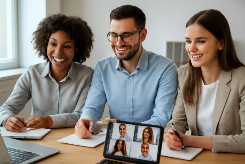 collaborateurs en visioconference souriant et prenant notes