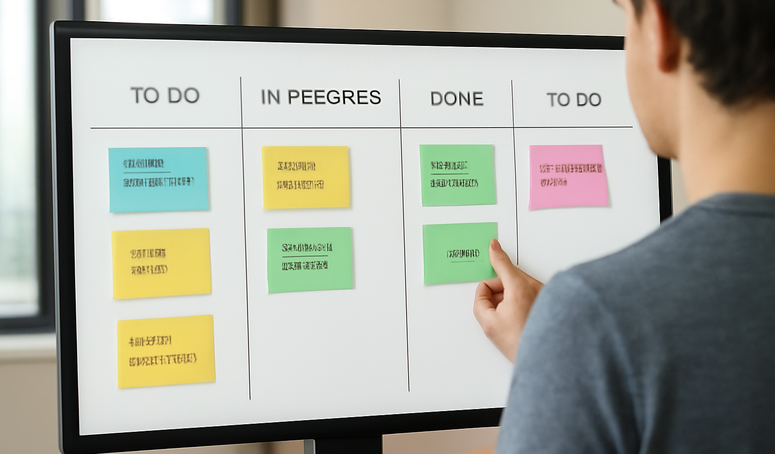 personne organisant taches sur tableau numerique