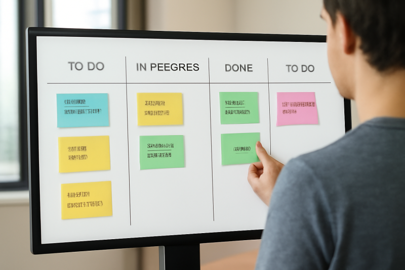 personne organisant taches sur tableau numerique