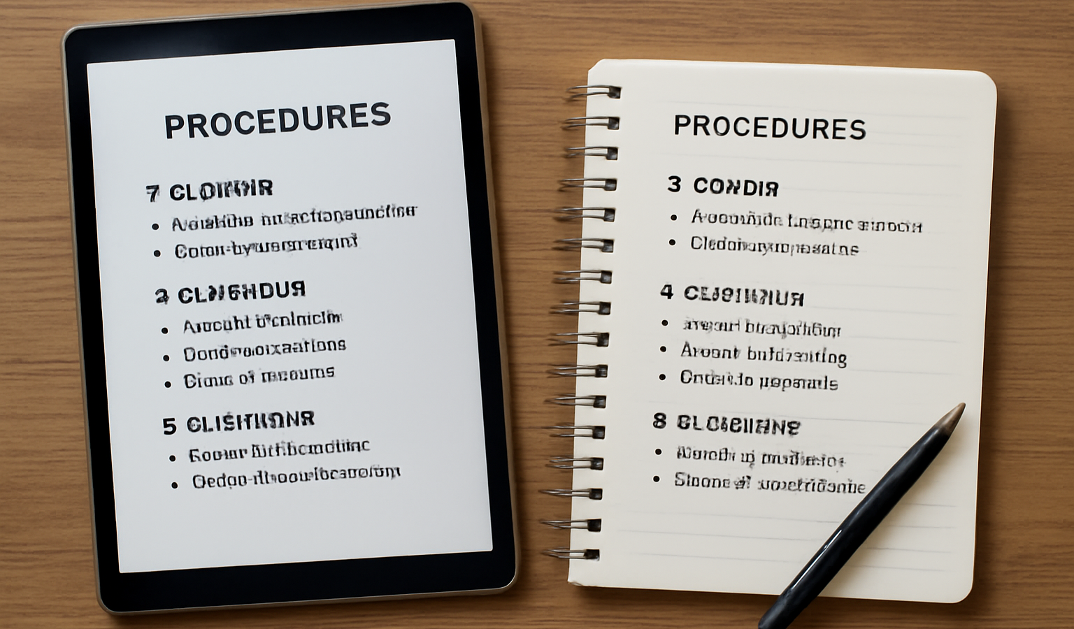 tablette et carnet avec notes de procedure