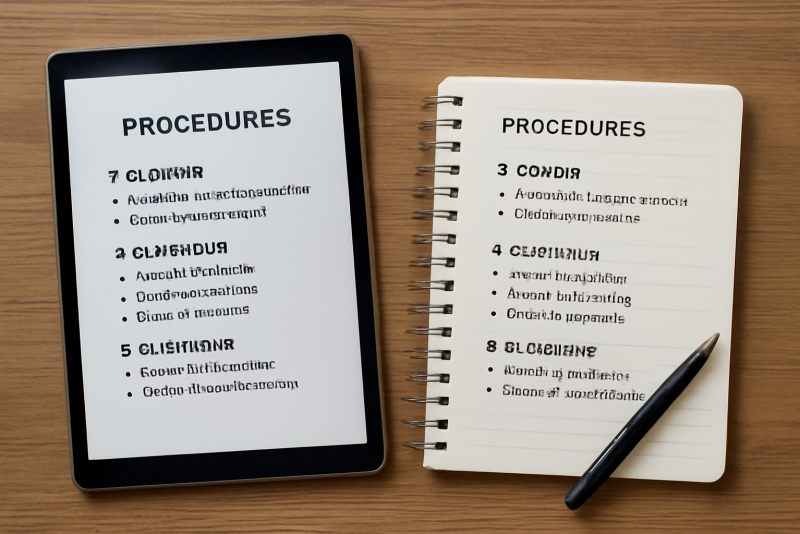 tablette et carnet avec notes de procedure