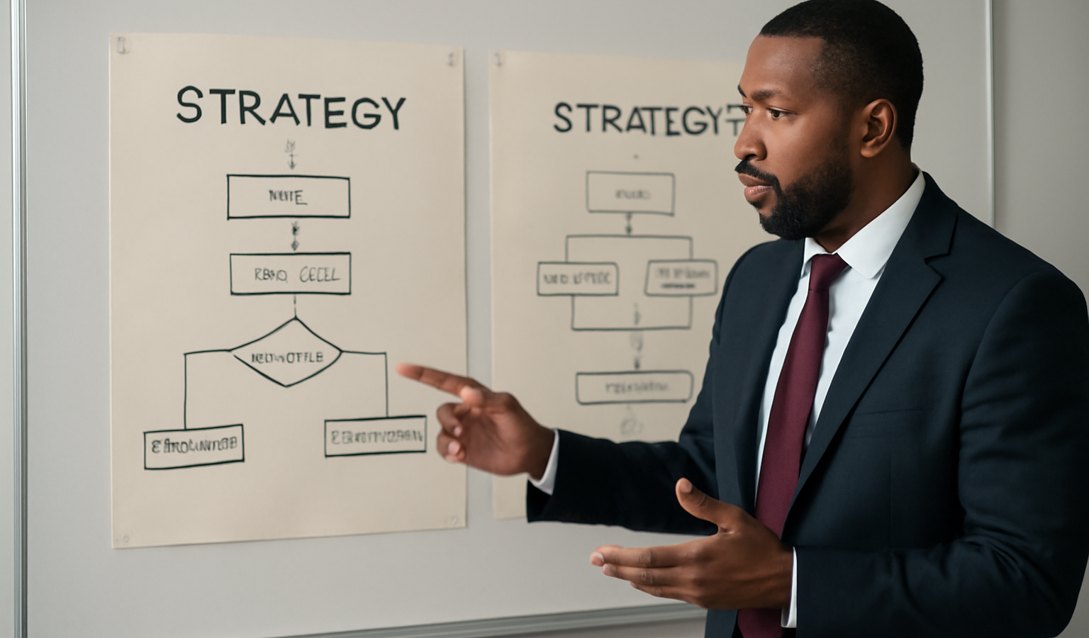dirigeant comparant deux tableaux de stratégie