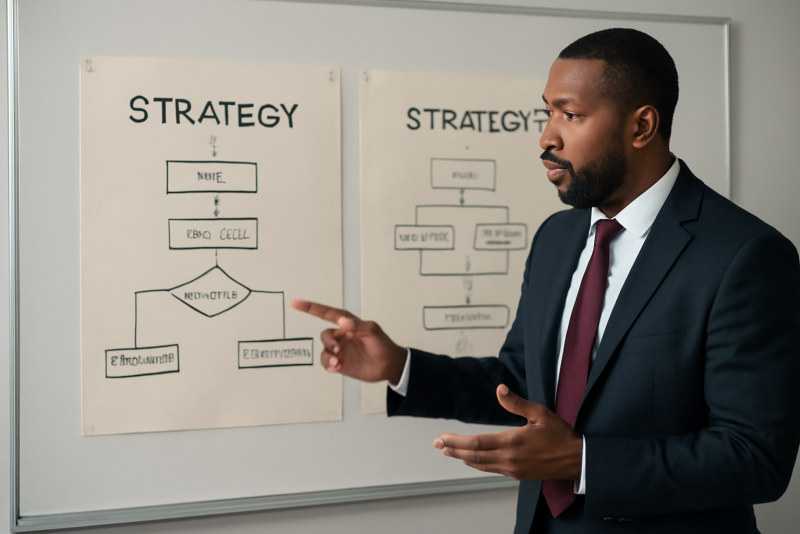 dirigeant comparant deux tableaux de stratégie