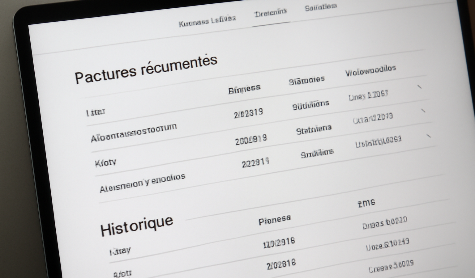 ecran affichant factures recurrentes et historique
