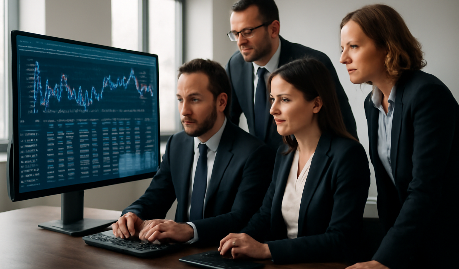 team financier consultant devant écran