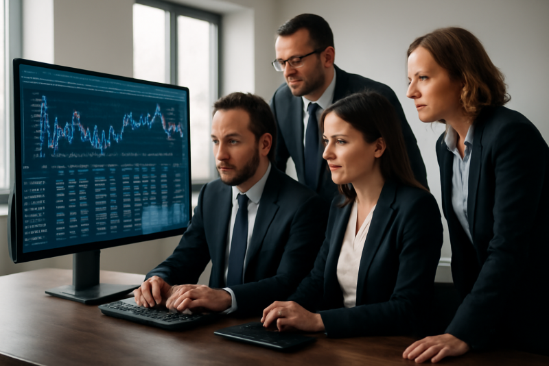 team financier consultant devant écran