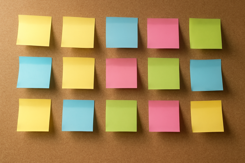 post-its colorés sur mur de bureau