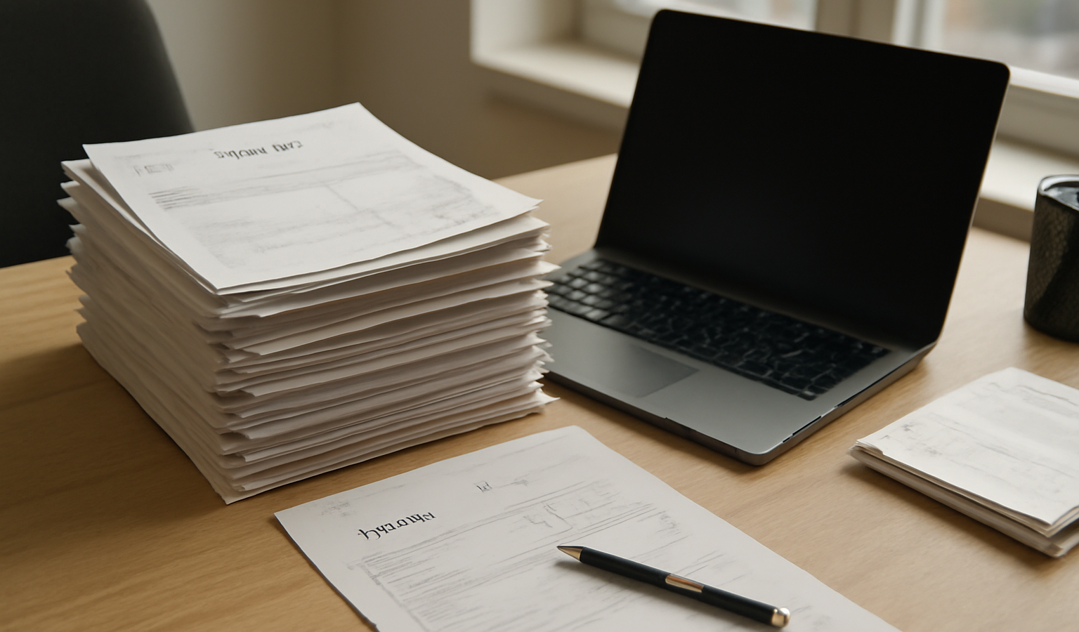 bureau avec piles de factures et ordinateur