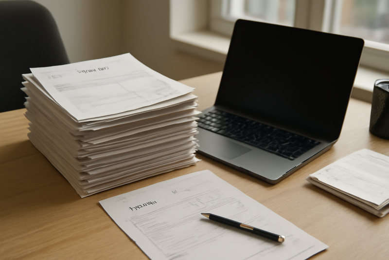bureau avec piles de factures et ordinateur
