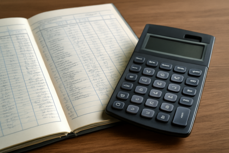 registre comptable et calculatrice sur bureau