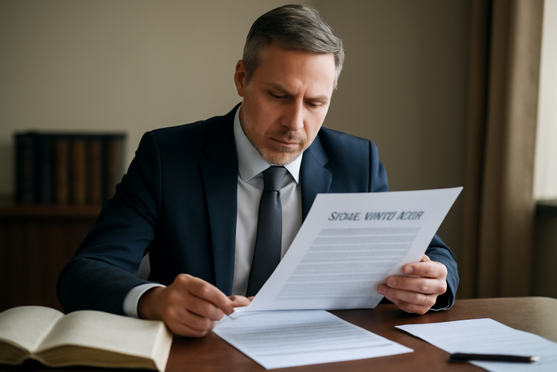 dirigeant examinant documents juridiques sur bureau