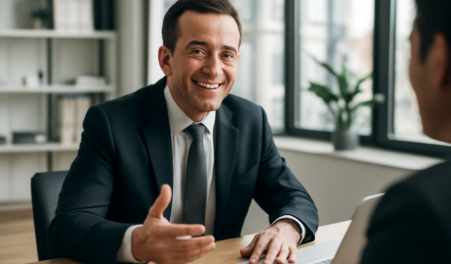 dirigeant souriant dans bureau moderne discutant
