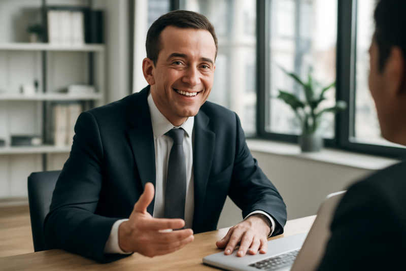 dirigeant souriant dans bureau moderne discutant