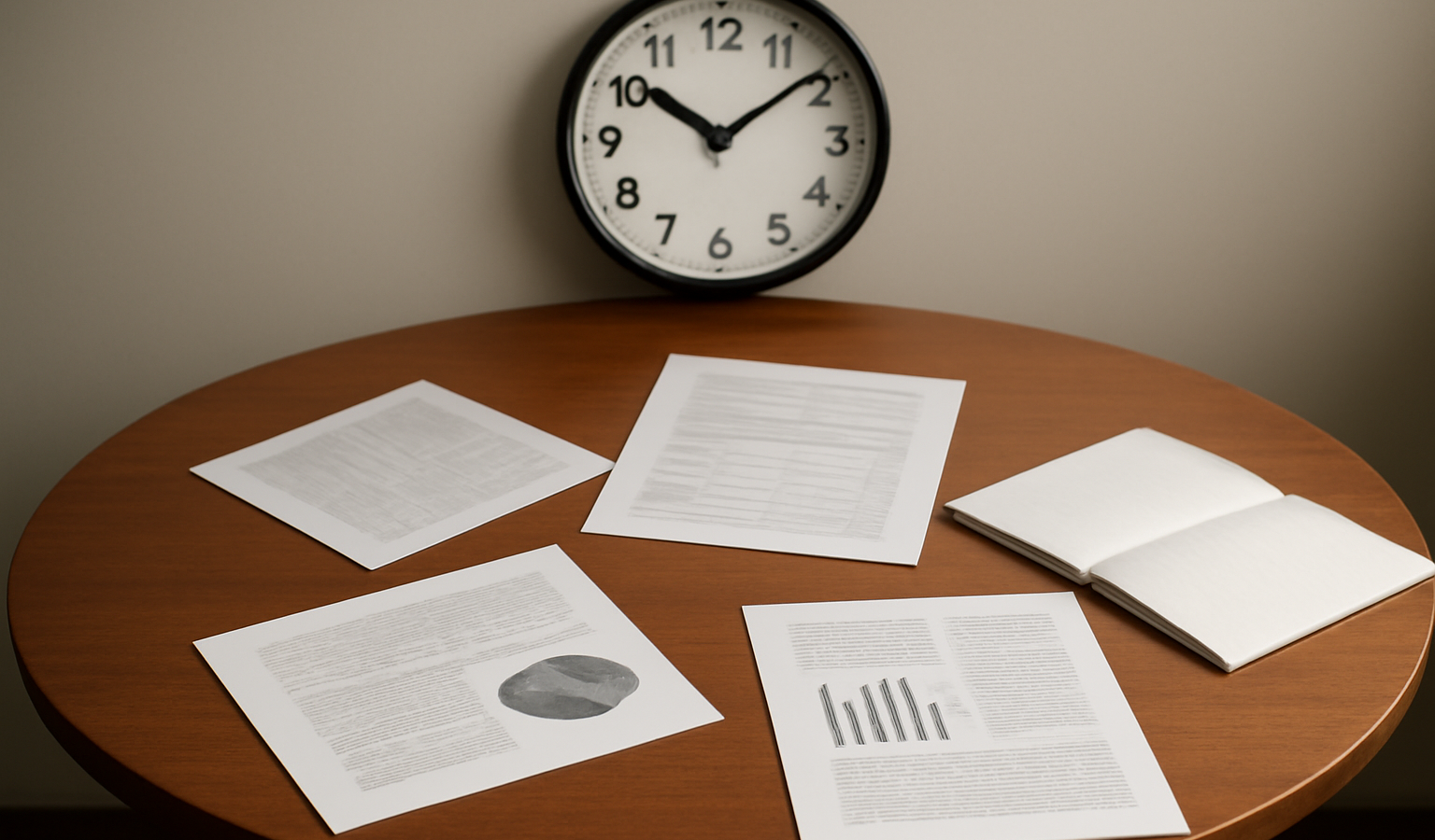 table ronde avec documents et horloge murale
