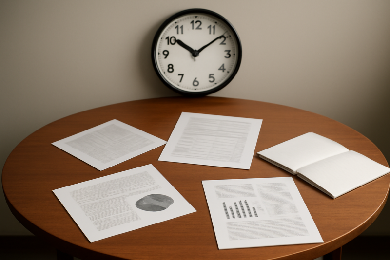 table ronde avec documents et horloge murale
