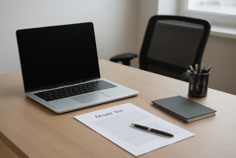 poste de travail vide avec ordinateur et contrats