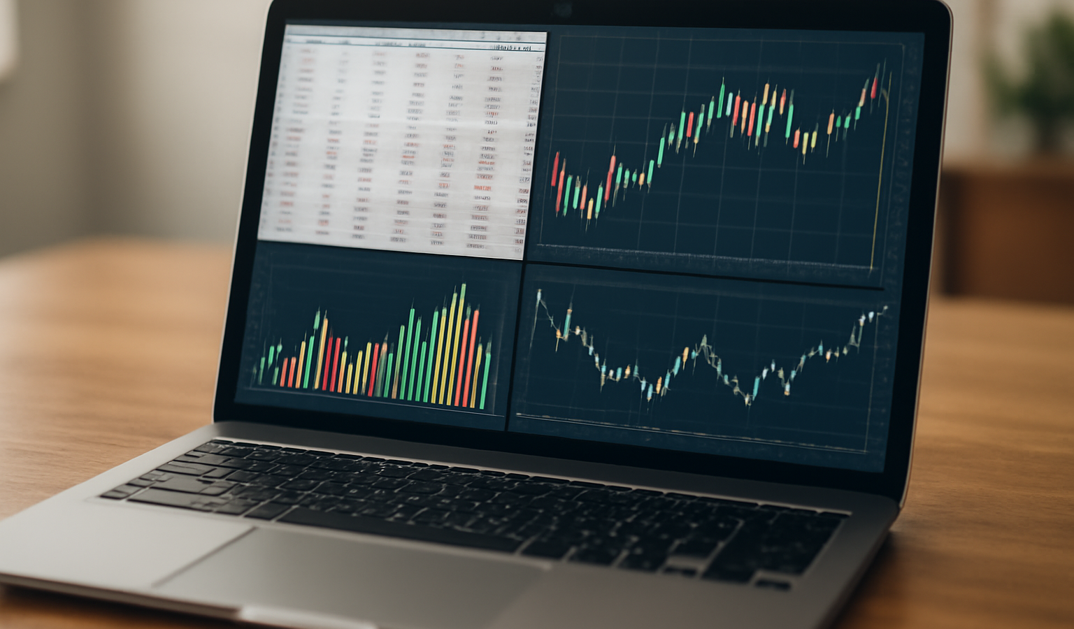 ordinateur affichant tableaux financiers et graphiques