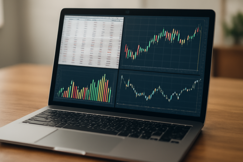 ordinateur affichant tableaux financiers et graphiques