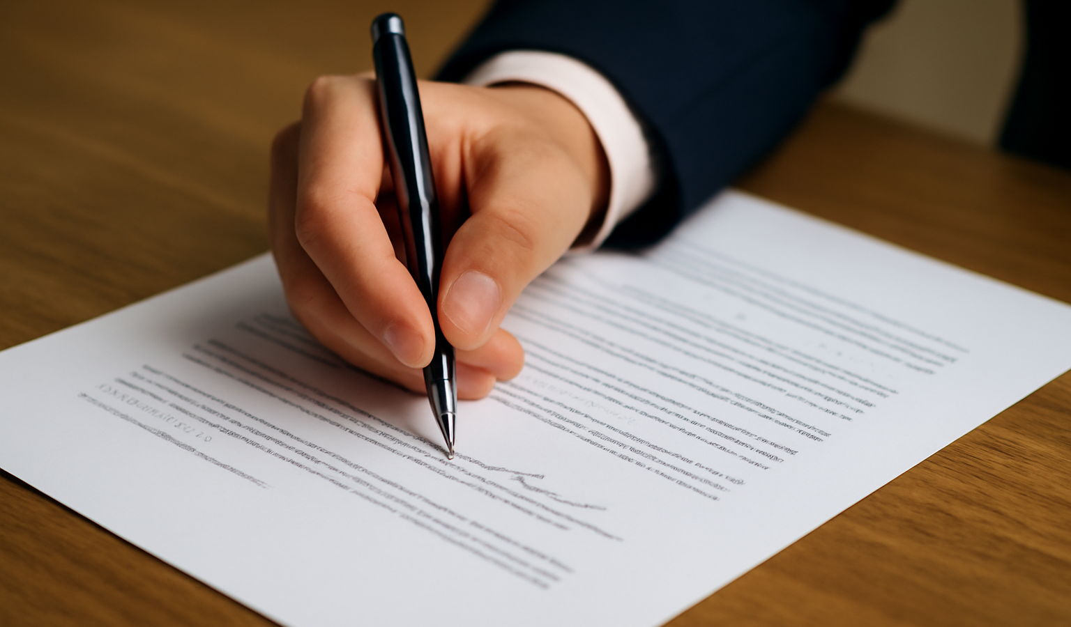 personne signant un document avec stylo