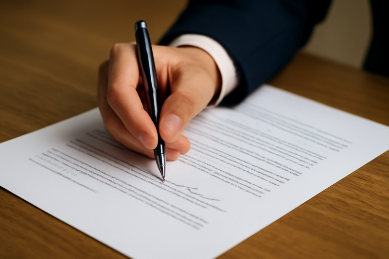 personne signant un document avec stylo