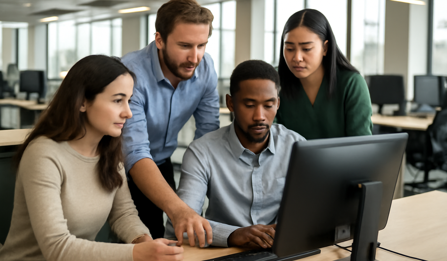 equipe discutant autour d'un ordinateur en open-space