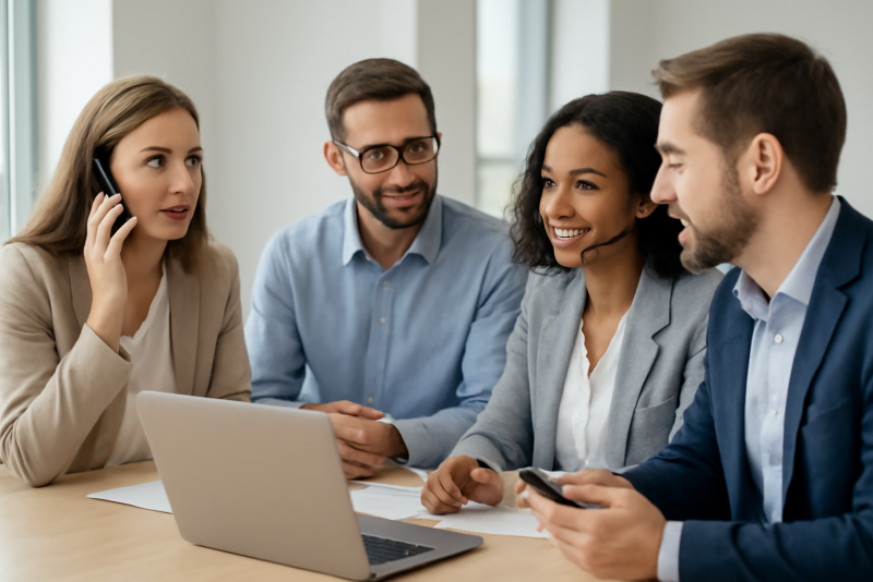 equipe utilisant outils de communication en reunion