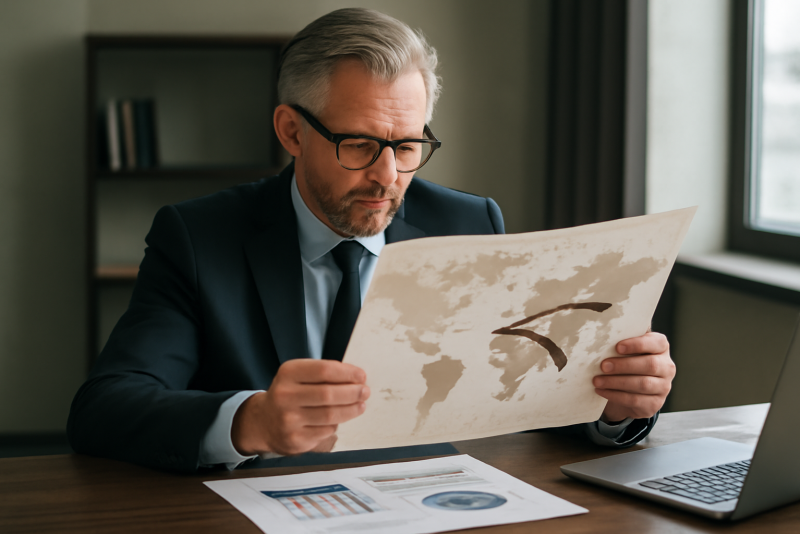 dirigeant examinant carte d'expansion et rapports