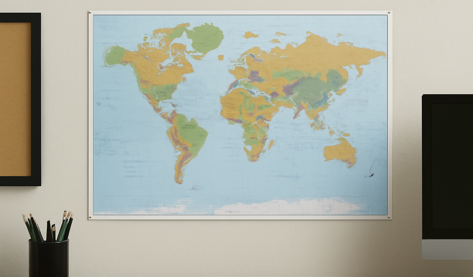 carte du monde épinglée au mur de bureau