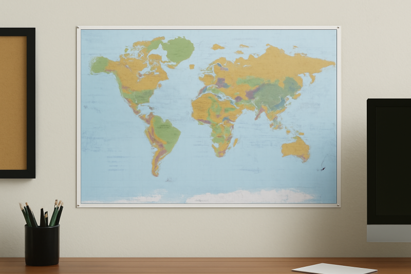 carte du monde épinglée au mur de bureau