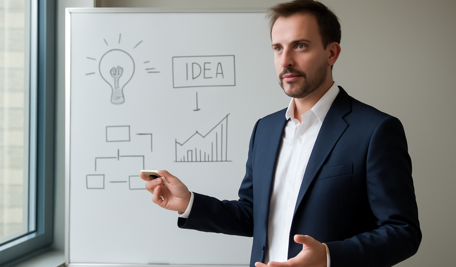 manager discutant idee devant tableau blanc
