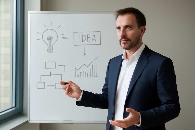 manager discutant idee devant tableau blanc