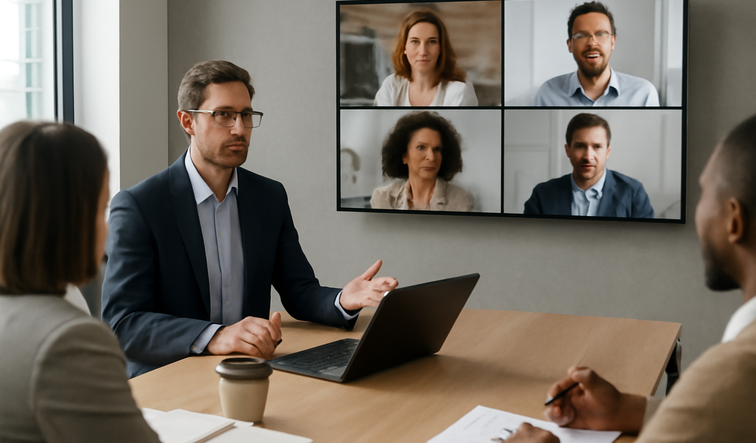manager en réunion hybride avec écran